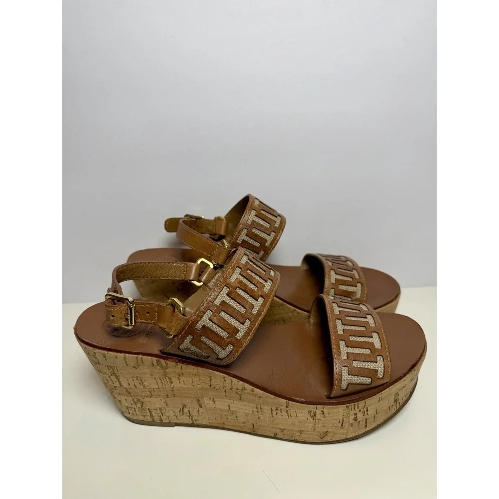 Tory Burch Regan Cork Wedge T Logo Brown Leather Sandal's Women's Size 9.5